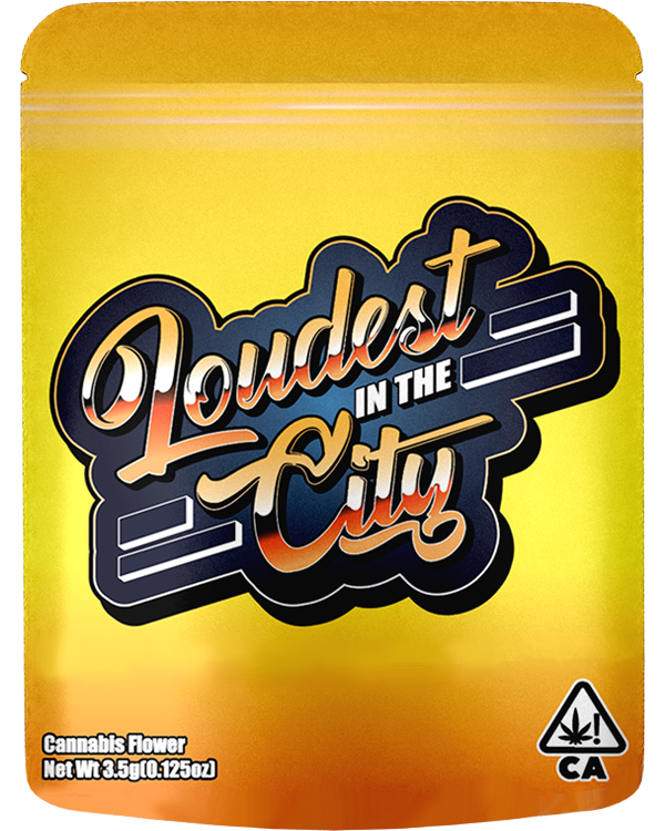 Front of a yellow direct print 8th bag with vibrant printed graphics