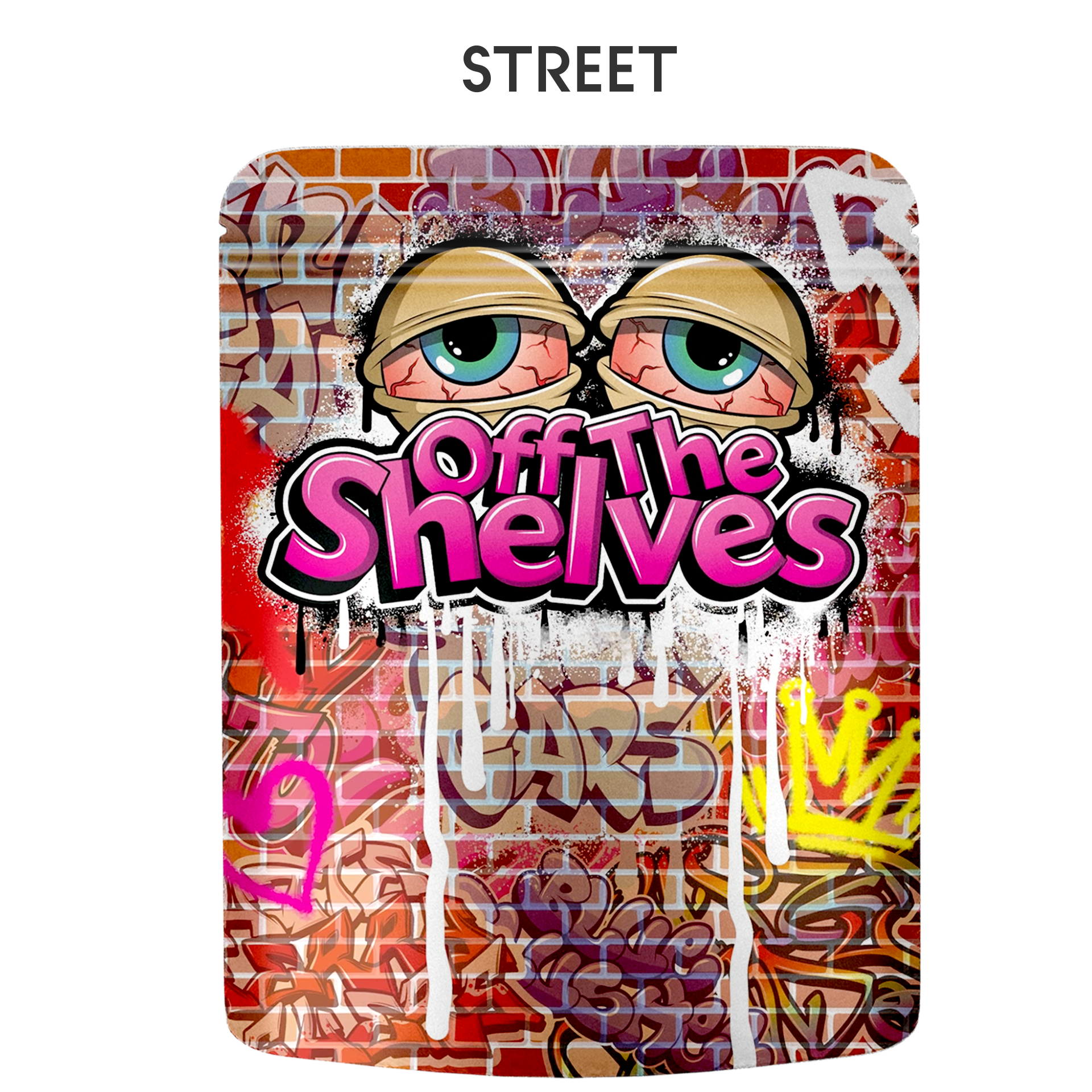 Street art inspired packaging design featuring graffiti textures and bold typography mockup.