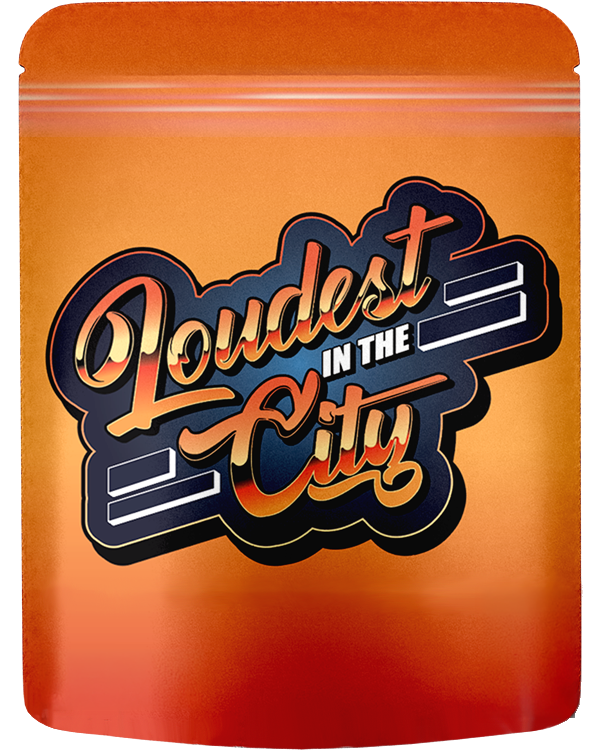 Front of an orange direct print 8th bag with bold custom artwork
