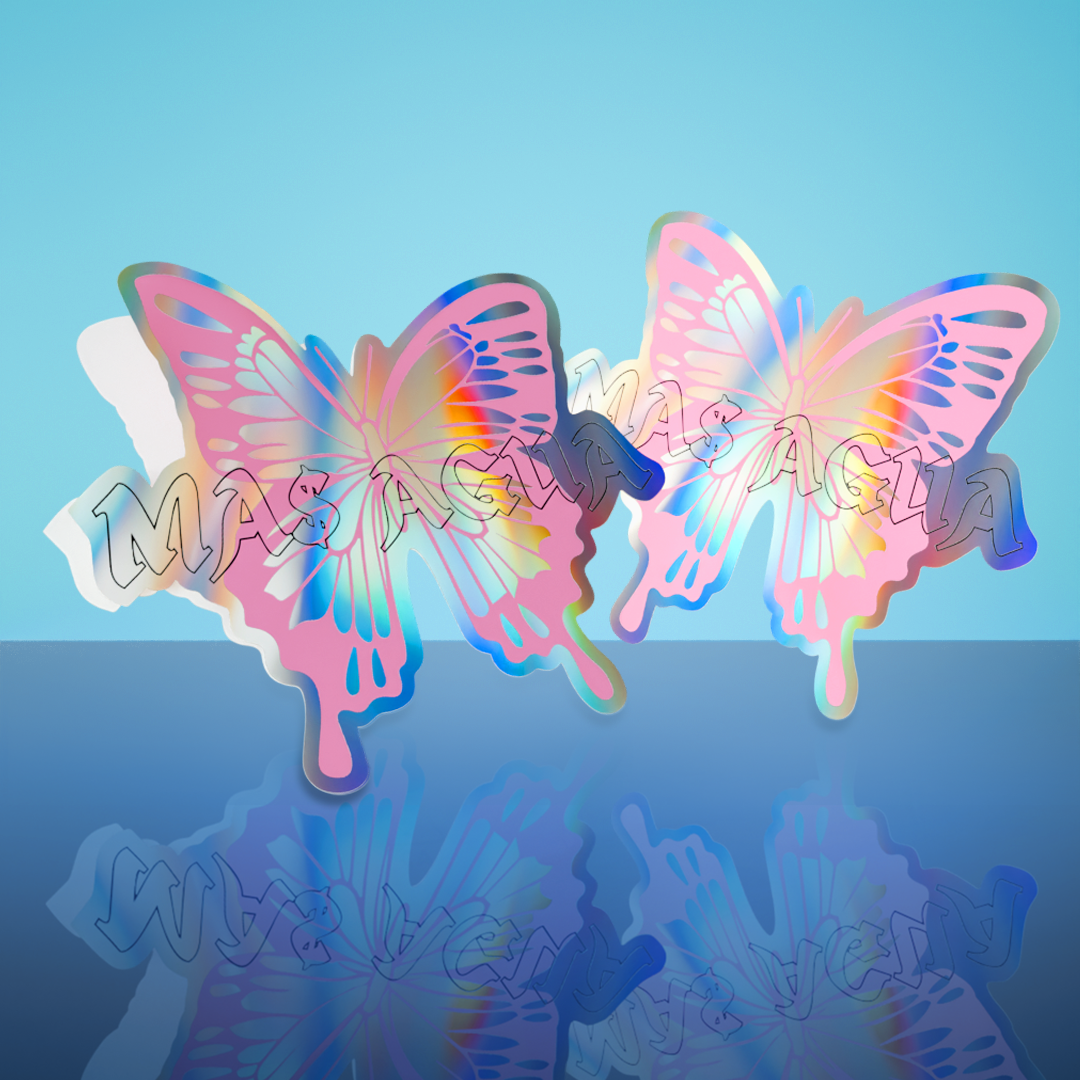 Custom die cut stickers printed on silver holographic vinyl featuring vibrant iridescent colors and custom shapes for branding and product labeling.