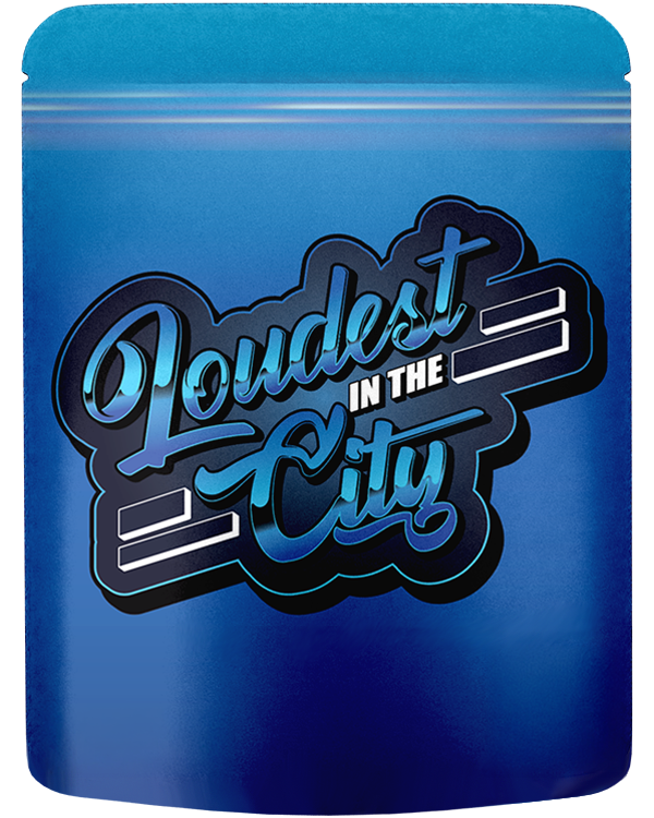Front of a blue direct print 8th bag featuring custom packaging design blue version