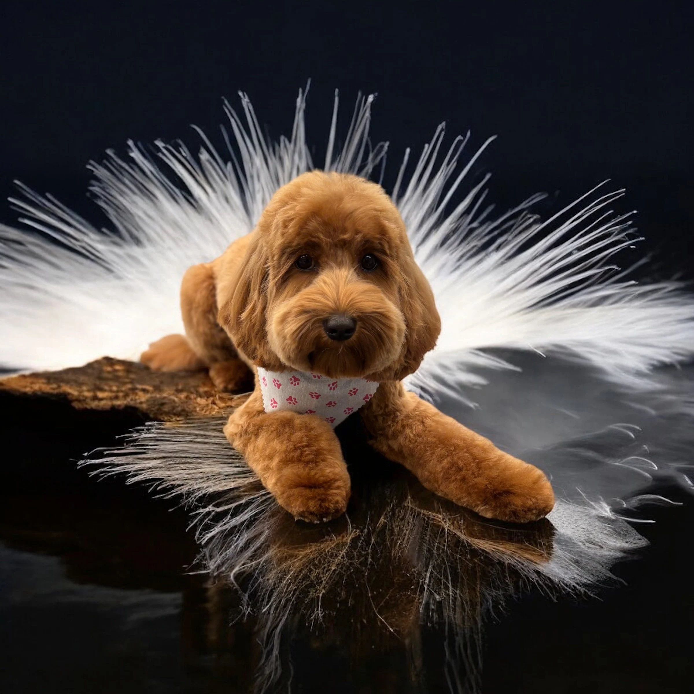 A cute brown puppy lying on a log with a black and white abstract background.