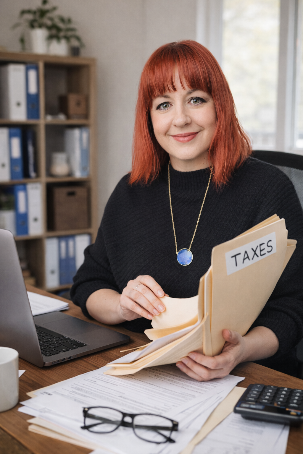 Kelly Tuohey in Ashcroft sitting in office with tax folders and a computer