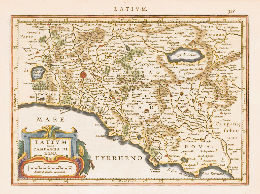 Ancient map of the Campagna di Roma in Italy, showing detailed towns, rivers, lakes, and geographical features around Rome.