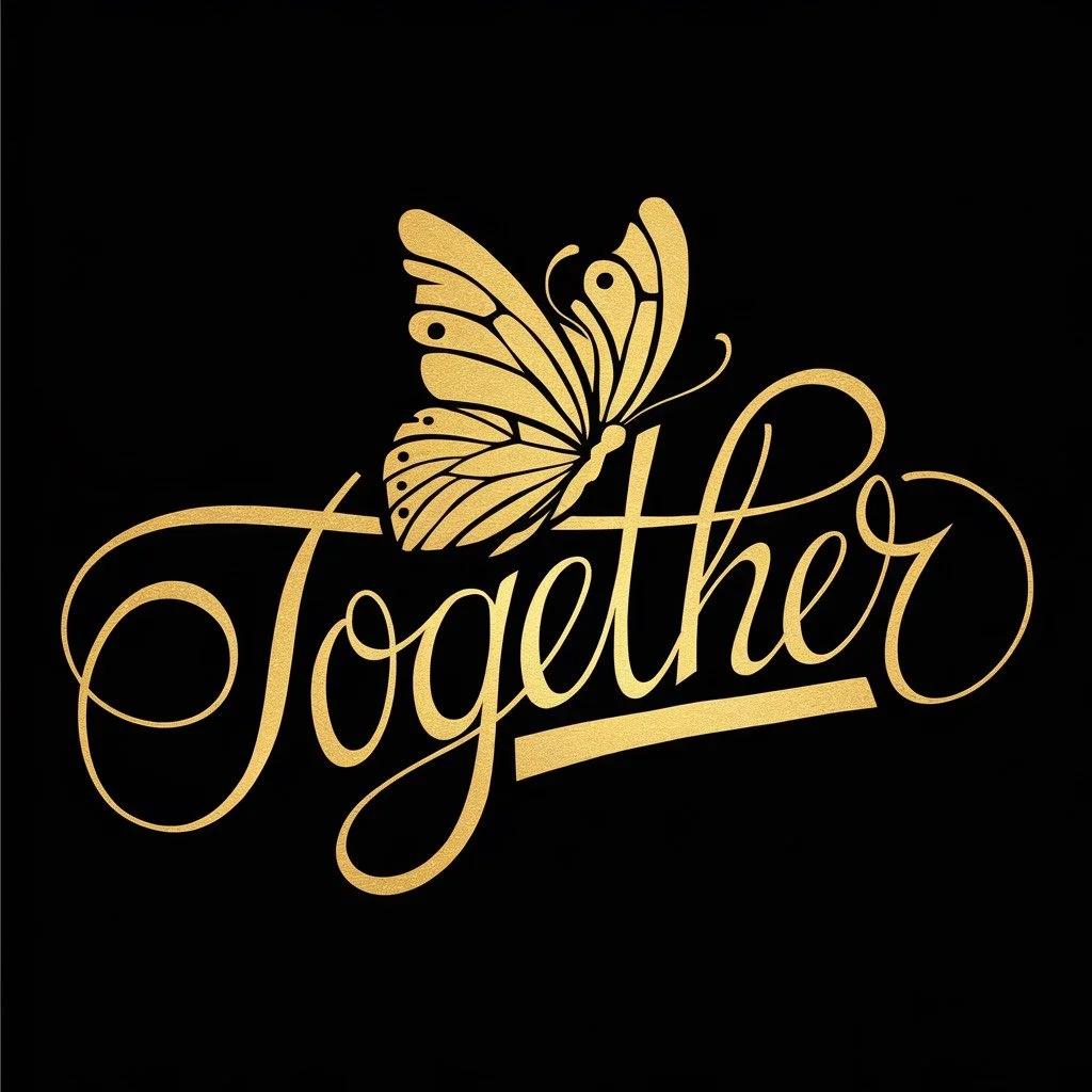 Gold script text saying 'Together' with a butterfly illustration on a black background.