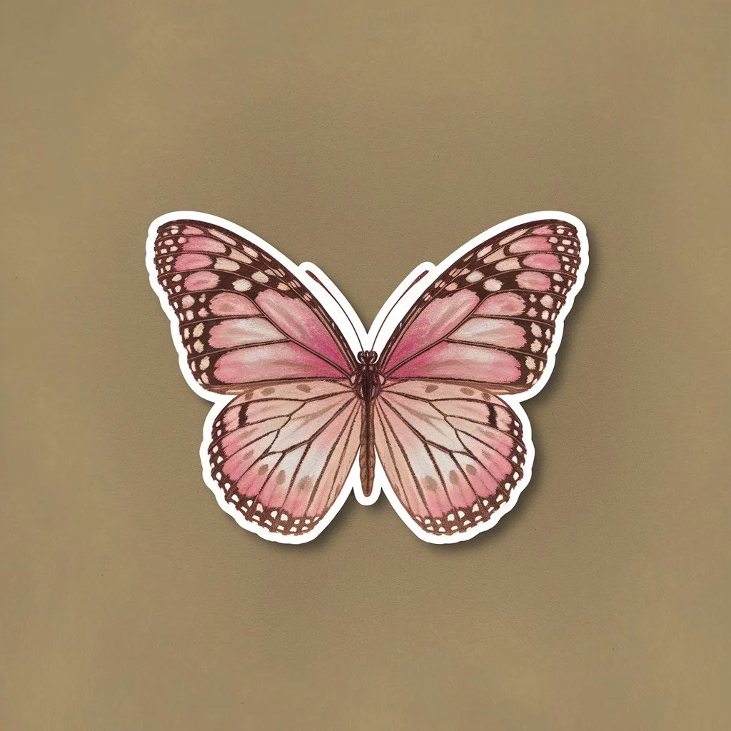 Pink and brown butterfly sticker on a beige wall