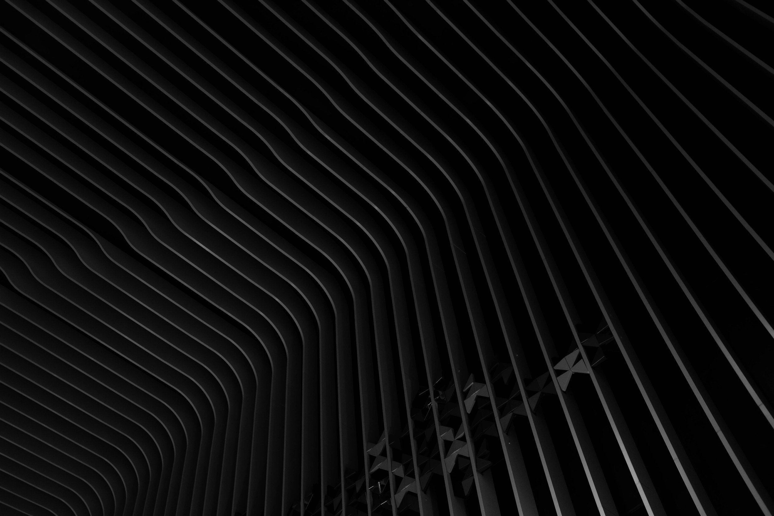 Close-up of architectural black slats with curved parallel lines.