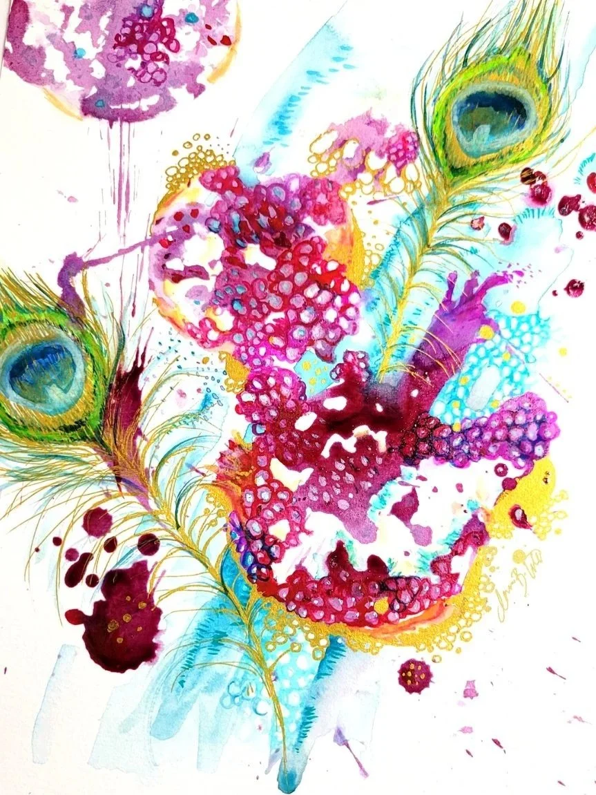 Pommes and Peas began with pomegranate stains on paper enhanced with watercolor, acrylic, and gold ink.