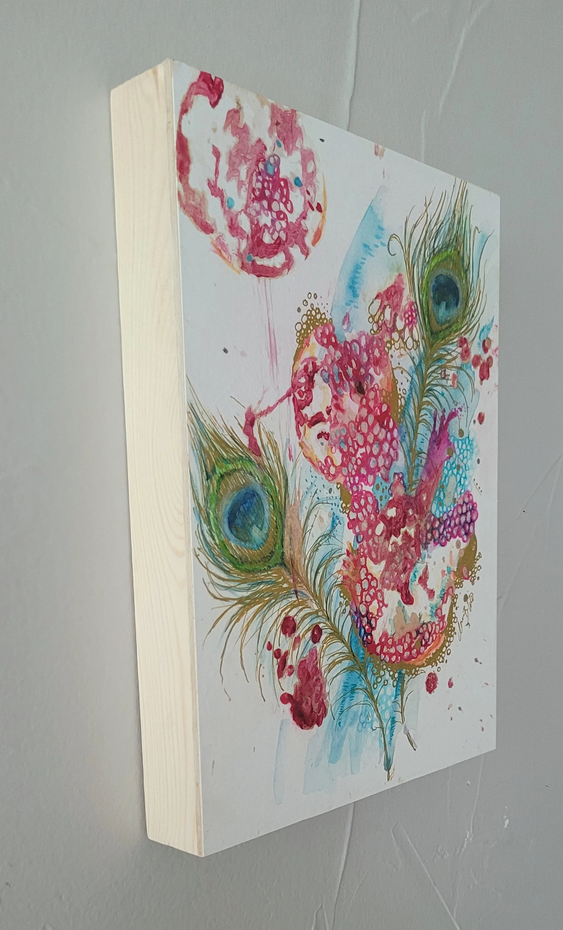 Mounted on 9"x12" cradle board and cold wax sealed.