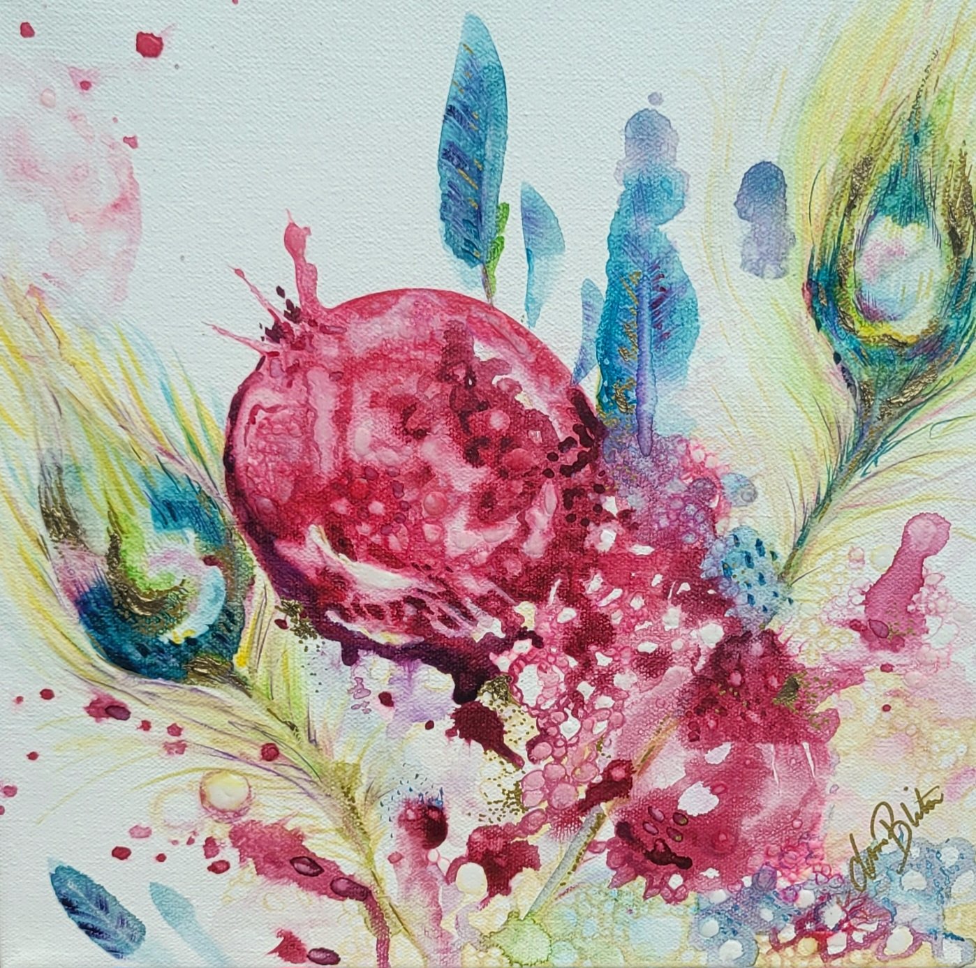 SOLD! Messy Blessing by Donna Blodgett - 12" x 12" acrylic/mixed media on canvas  Bless your space with the symbolism of divine protection, fertility, and abundance. Donna has created various sizes and mediums with this theme in mind.