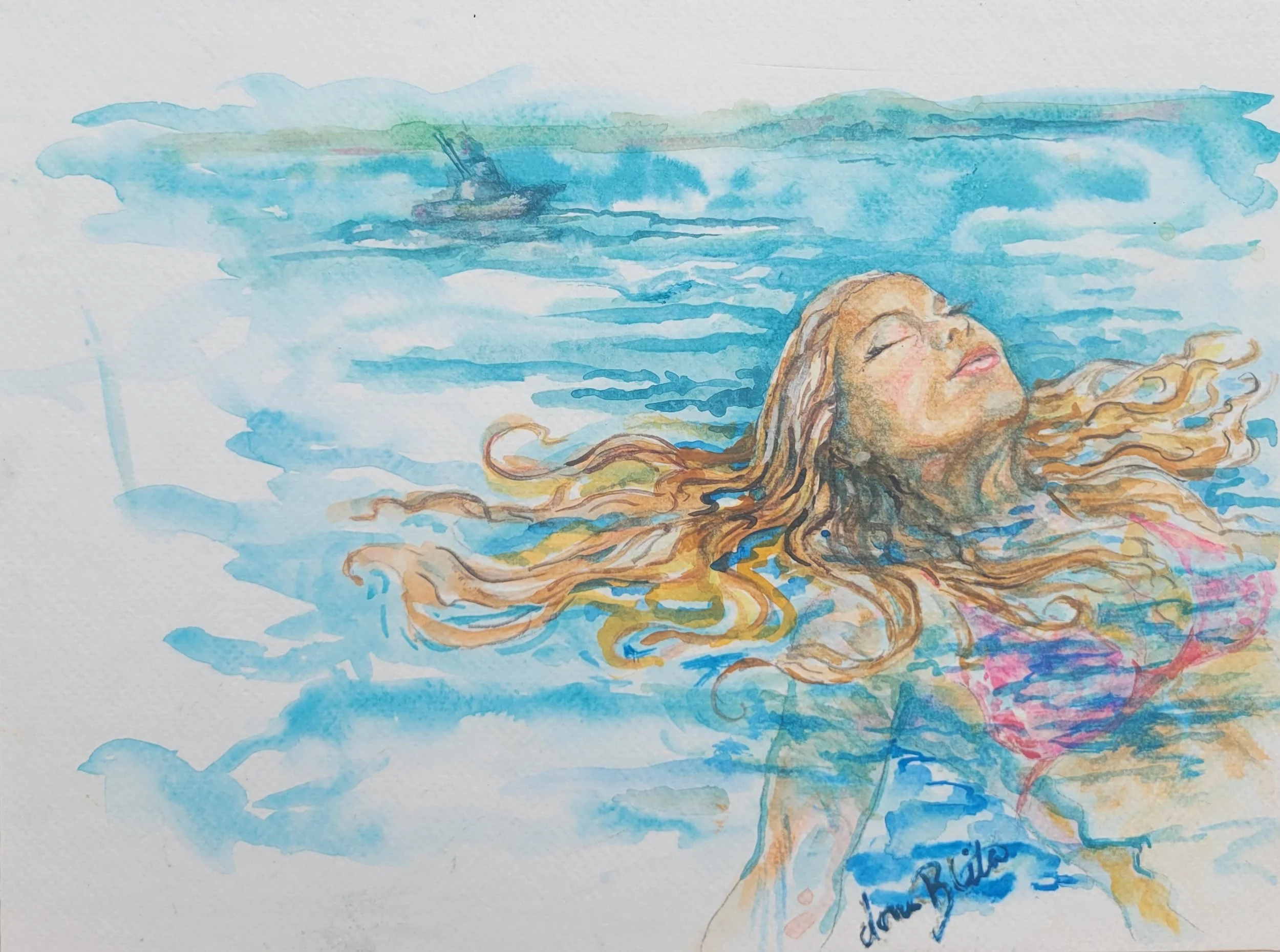 Catch and Release - 9" x 12" watercolor, cold wax sealed and mounted on cradleboard by Donna Blodgett $160