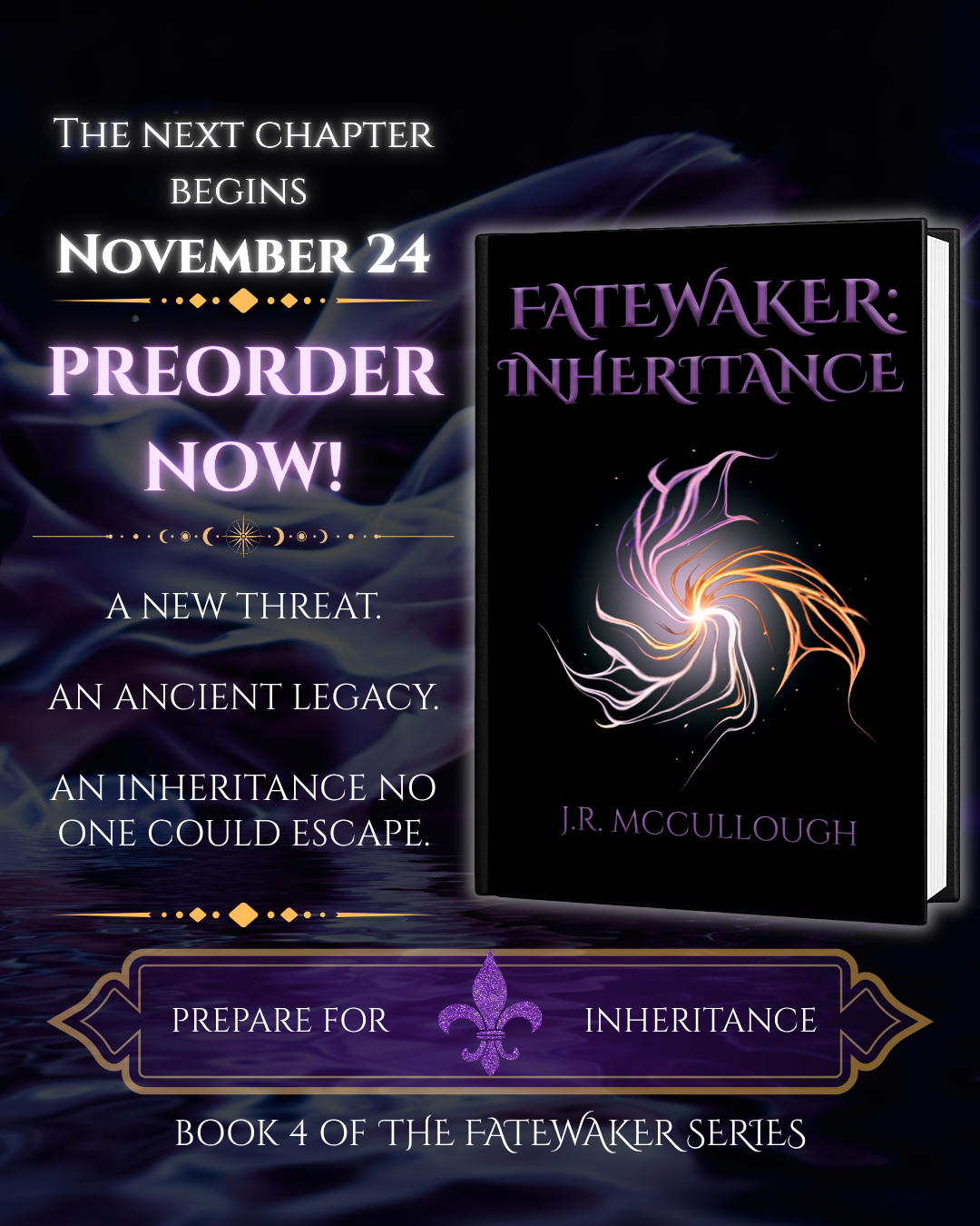 Preorder advertisement for Fatewaker: Inheritance by J.R. McCullough, Book 4 of the Fatewaker epic fantasy series.