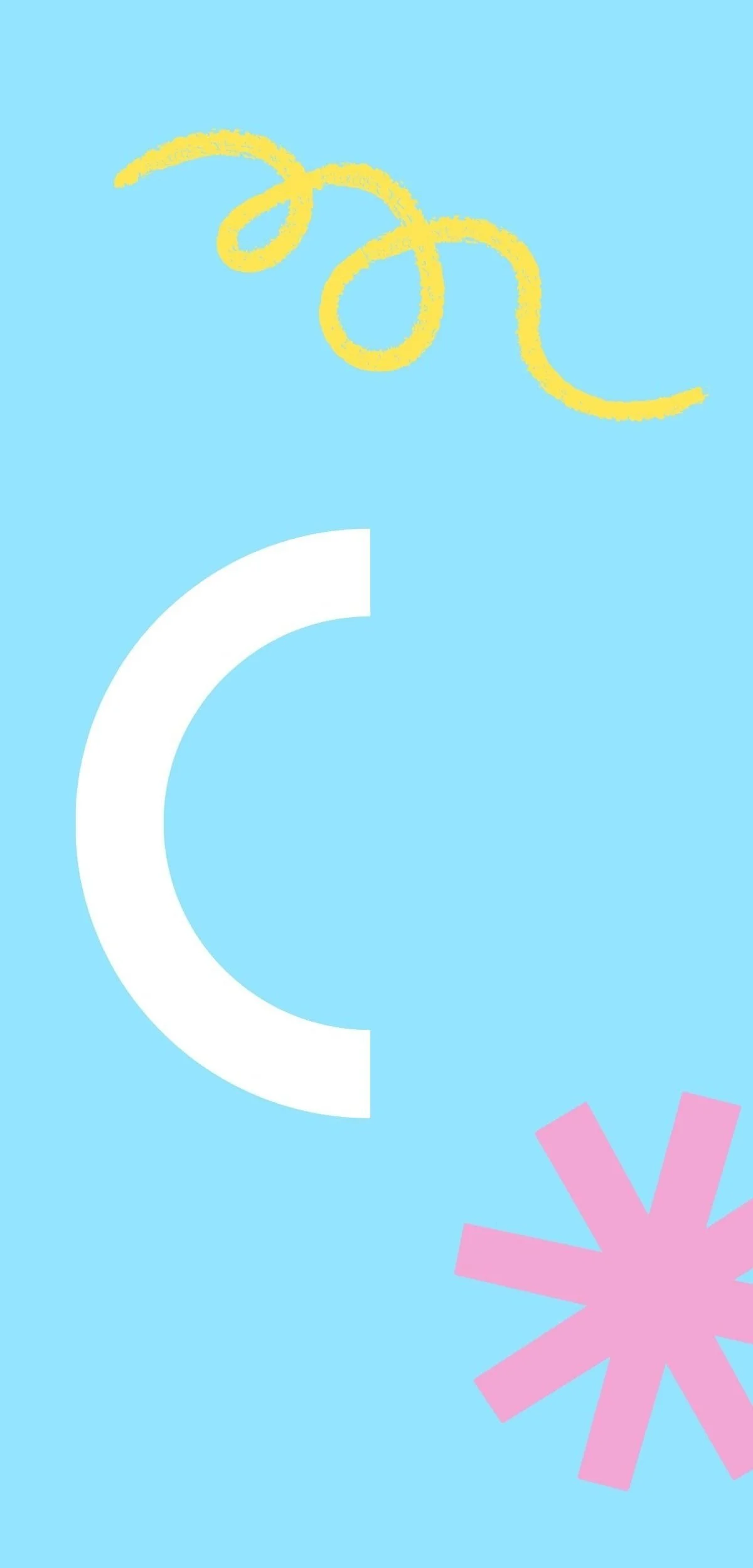 Colorful cartoon-themed graphic with a yellow curly line at the top, a large white 'C' in the center, a pink asterisk shape at the bottom right, all on a light blue background.