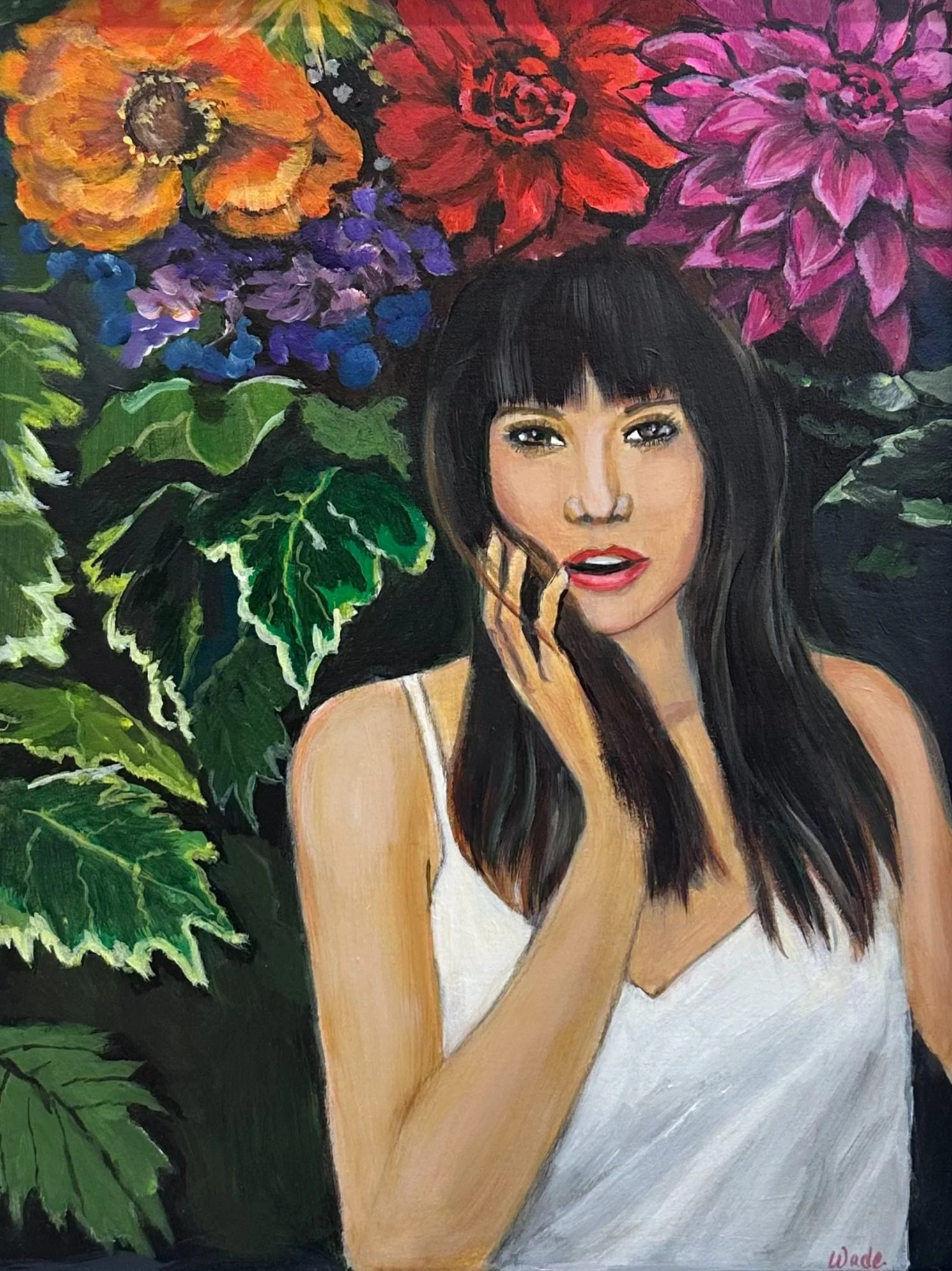 A painting of a woman with black hair and bangs, wearing a white top, surrounded by vibrant large flowers and green leaves in the background.