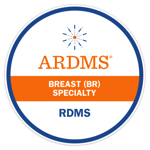 A circular logo for ARDMS with the words 'Breast (BR) Specialty' and 'RDMS', featuring a blue and orange color scheme.