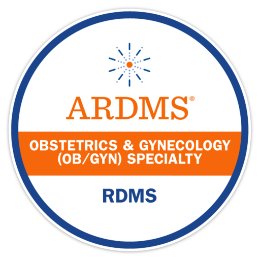 Circular logo for ARDMS featuring OB/GYN specialty, with blue, orange, and white colors and decorative starburst at the top.