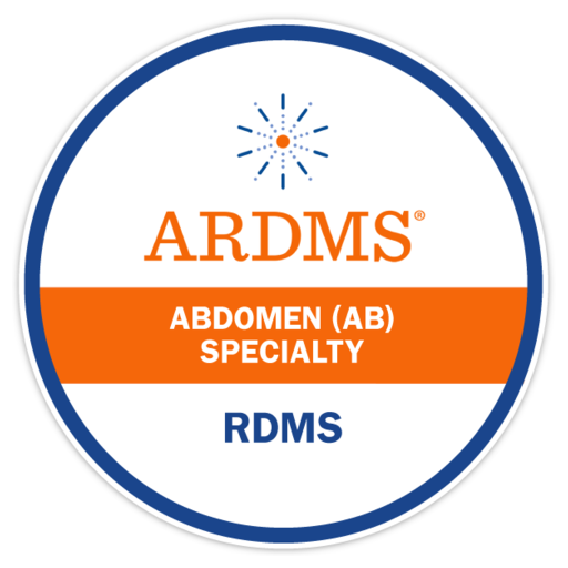 Logo for ARDMS certification with emphasis on Abdomen (AB) Specialty and RDMS certification.