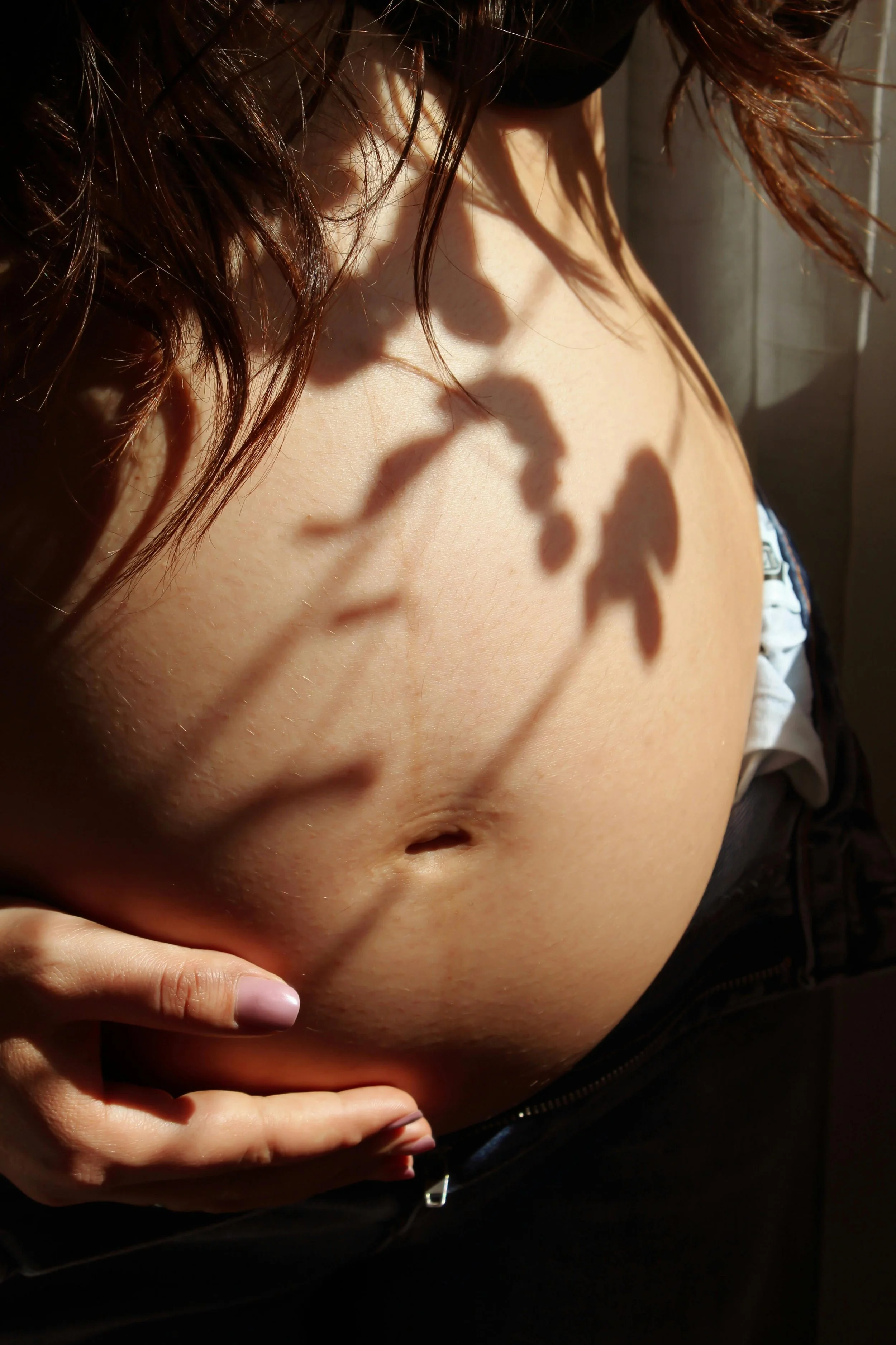 Close-up of a pregnant woman's belly with sunlight casting a shadow of a leafy plant on it, hand gently supporting the belly.