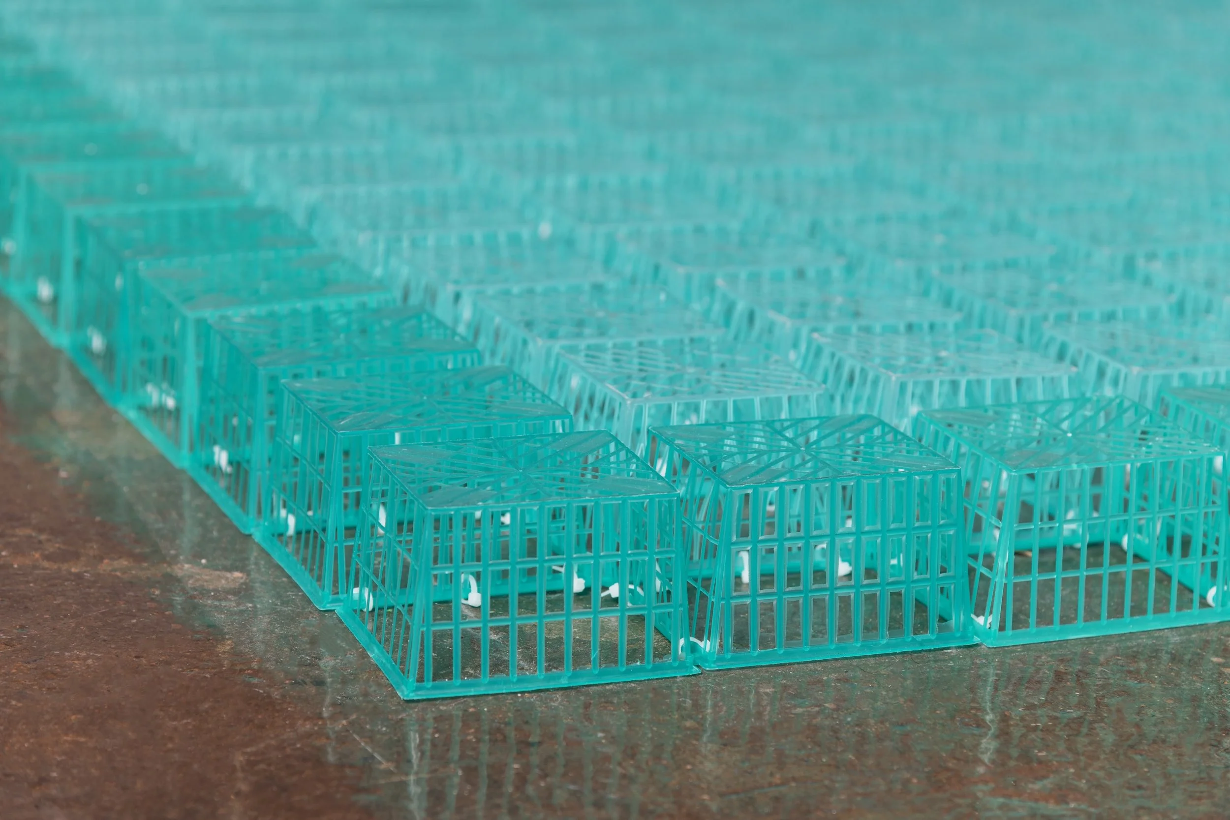 Meadow, plastic green bins, detail
