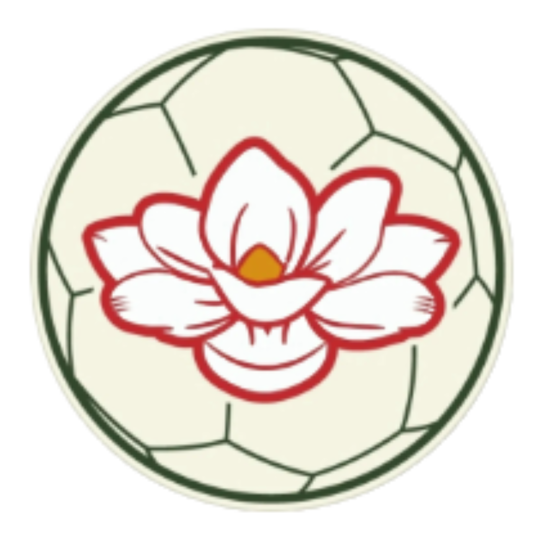 A logo of a white lily flower with red outline and yellow center inside a snail shell shape with green outer lines.