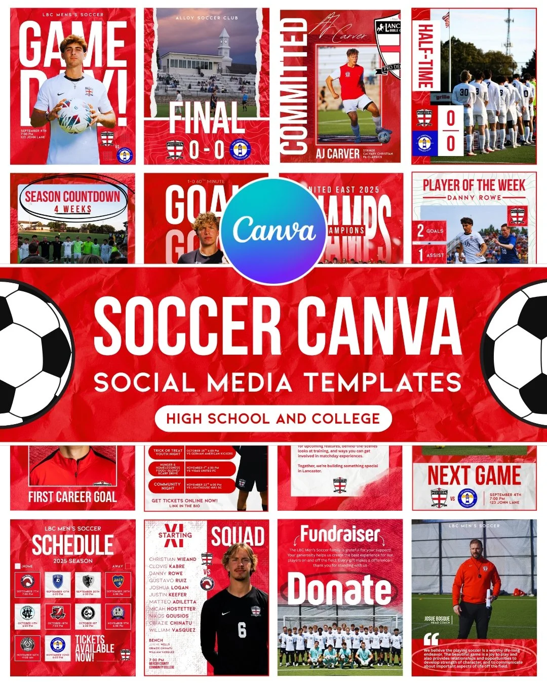 A collage of soccer-themed social media templates for high school and college, featuring players, schedules, scores, and promotional content in red, white, and black.