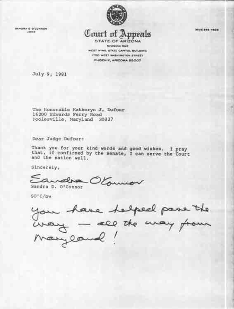 judge sandra day oconnor letter to judge honorable kertheryn j dufour maryland state archives federal bar association maryland chapter fba