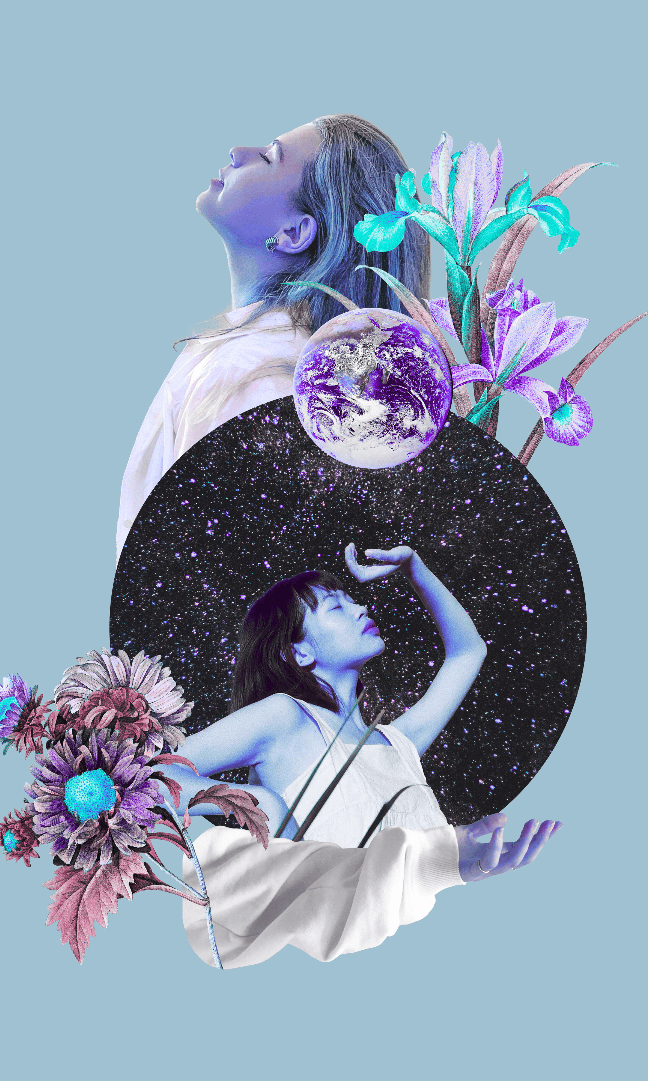 Two women meditating with the full moon.