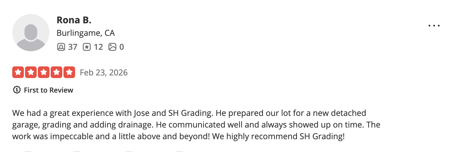 Screenshot of a positive review for SH Siteworks with five red stars, written by Rona B., from Burlingame, CA, dated February 23, 2026.