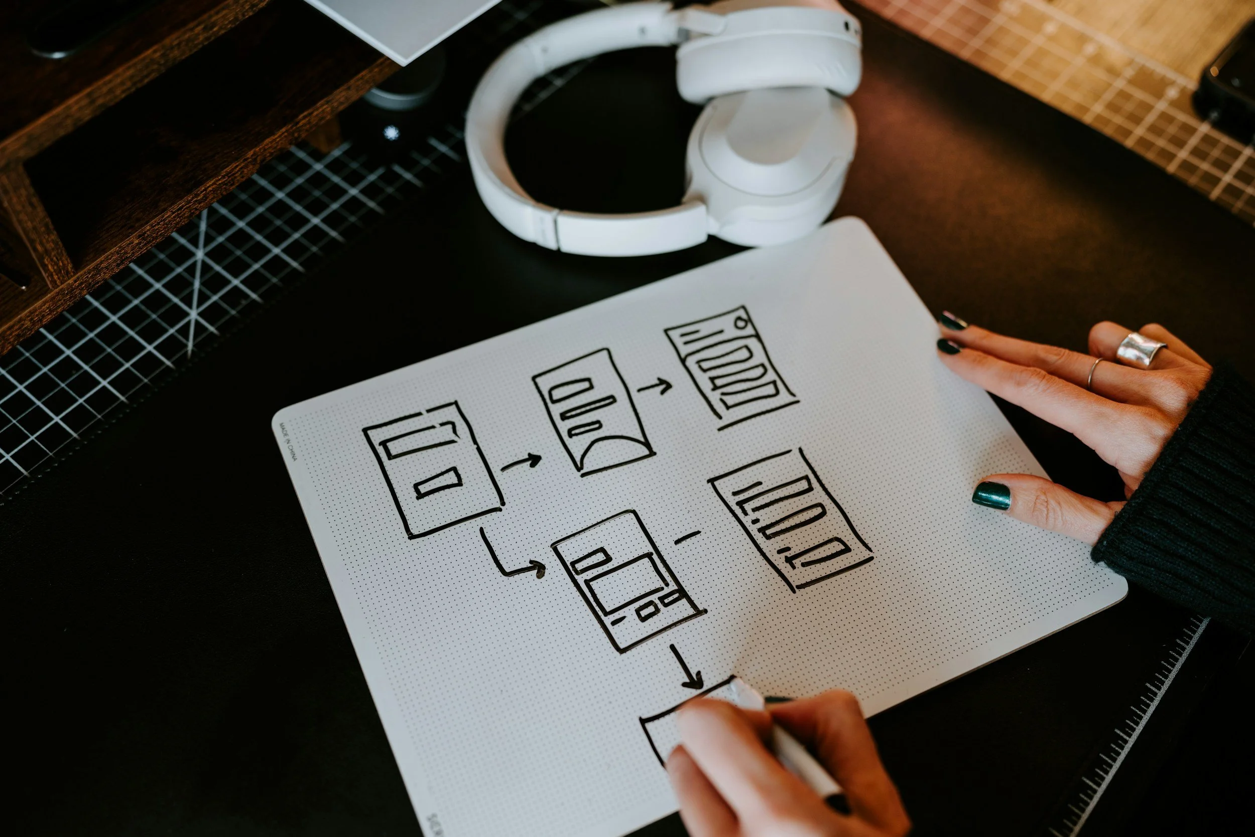 A person with painted nails and wearing rings is drawing a flowchart on a white dot-grid paper with a black marker. The flowchart contains various rectangular and rounded boxes connected with arrows. Nearby, there is a pair of white headphones, a ruler, and part of a wooden shelf or desk.