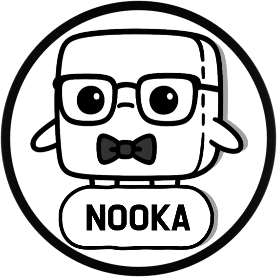 Cartoon drawing of a sheep with glasses and a bow tie, with the word "NOOKA" below