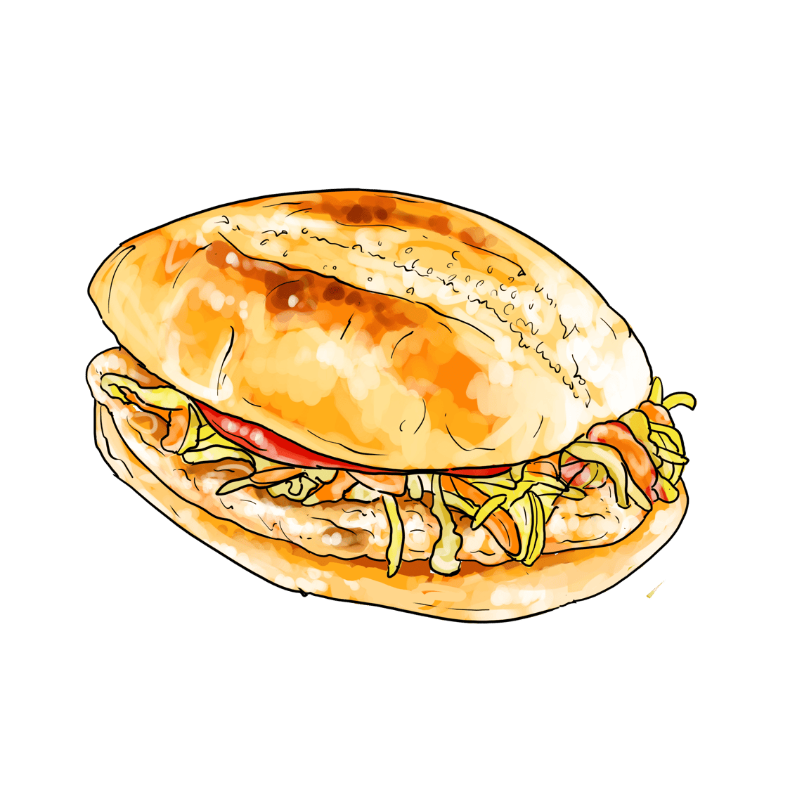 Illustration of a sandwich with lettuce, tomato, and meat on a toasted bun.