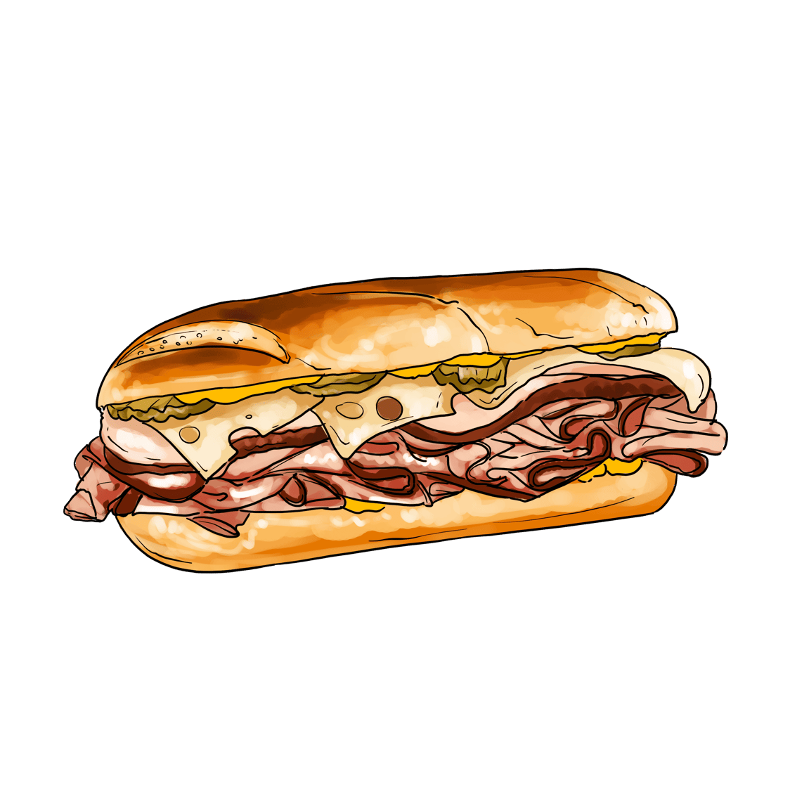 Illustration of a sub sandwich with roast beef, cheese, and pickles on a hoagie roll.