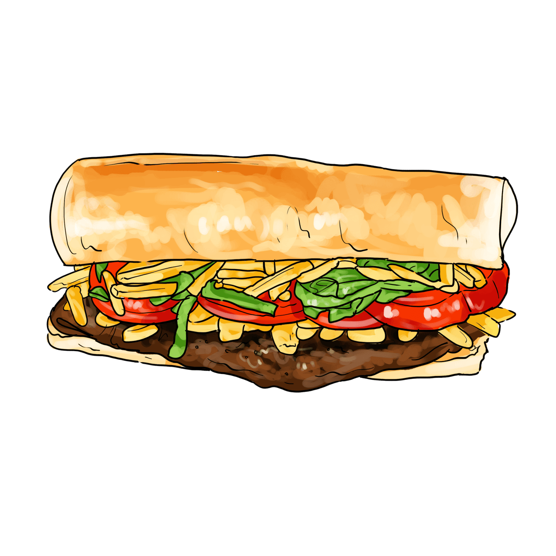 Illustration of a sub sandwich with beef patty, lettuce, tomato, fries, and cheese in a toasted bun.