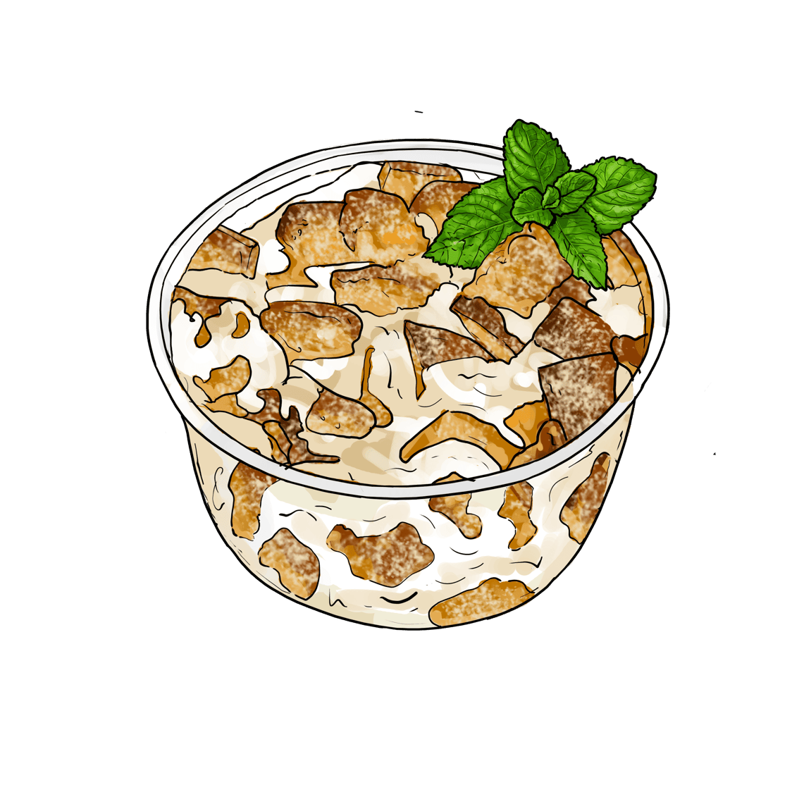 Illustration of a dessert bowl containing milk and cereal flakes, topped with mint leaves.