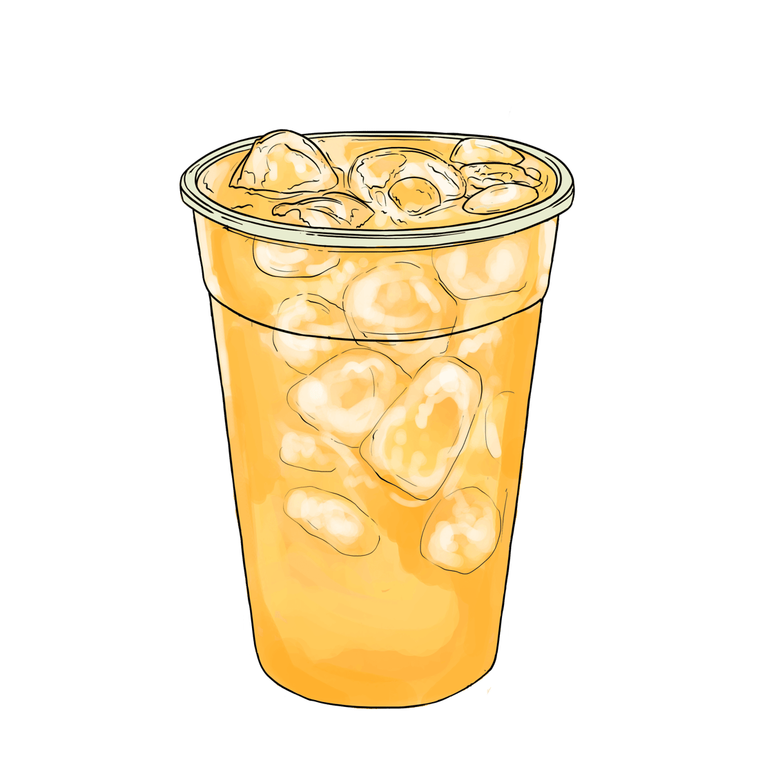 Illustration of a plastic cup filled with iced tea and ice cubes.