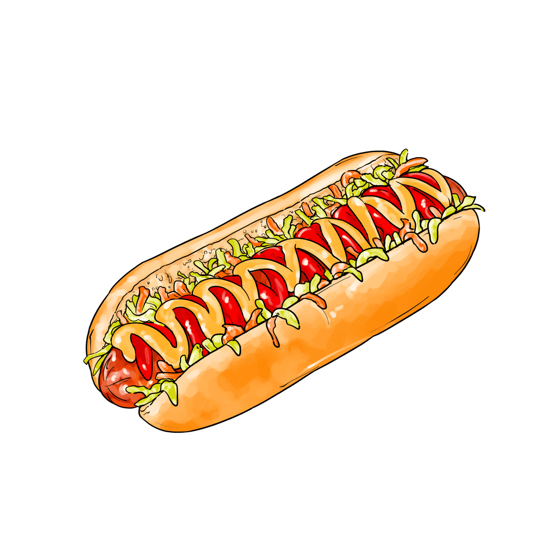 Illustration of a hot dog with ketchup, mustard, and chopped lettuce on a bun against a green background.