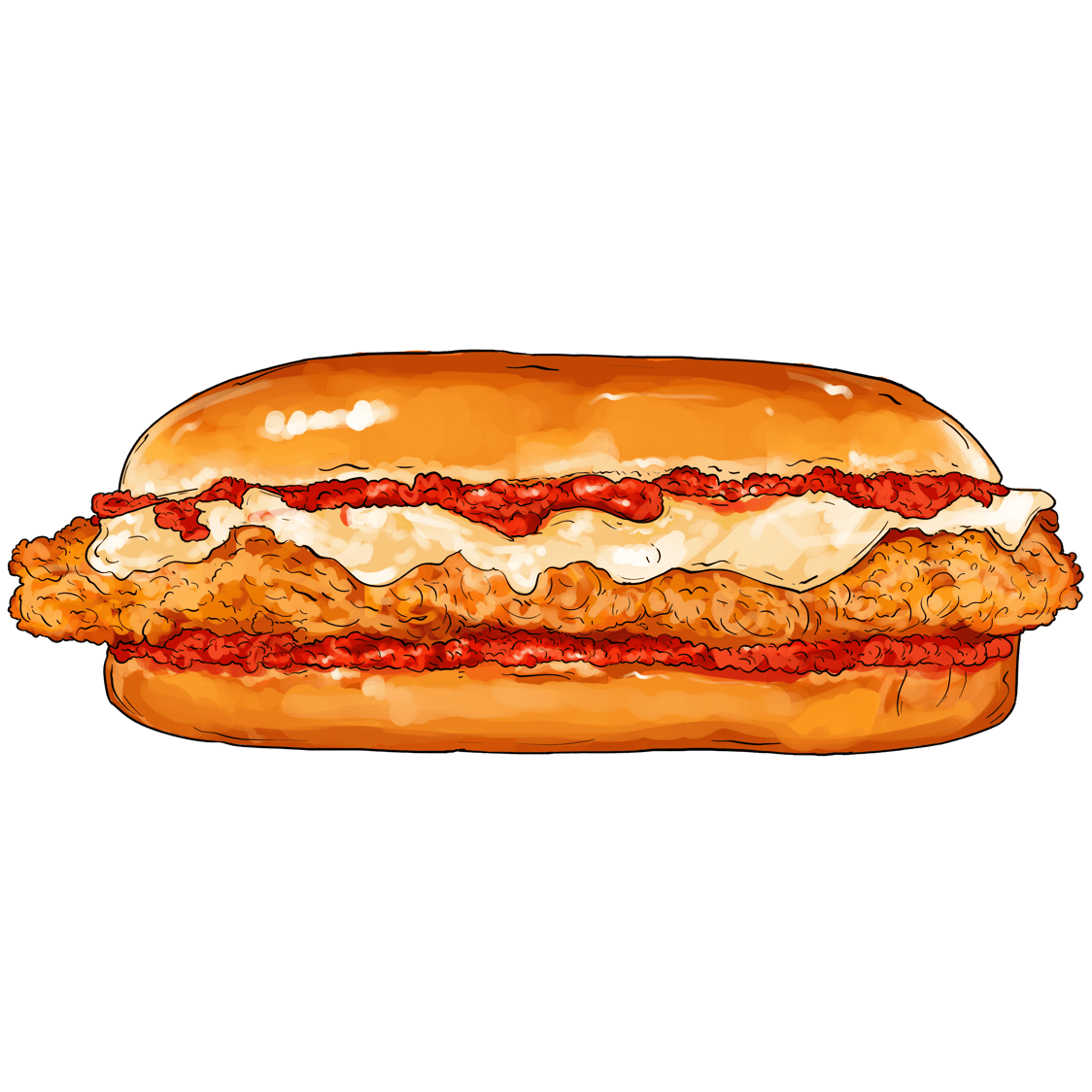 Illustration of a chicken parmesan sandwich with breaded chicken, melted cheese, and marinara sauce on a bun.