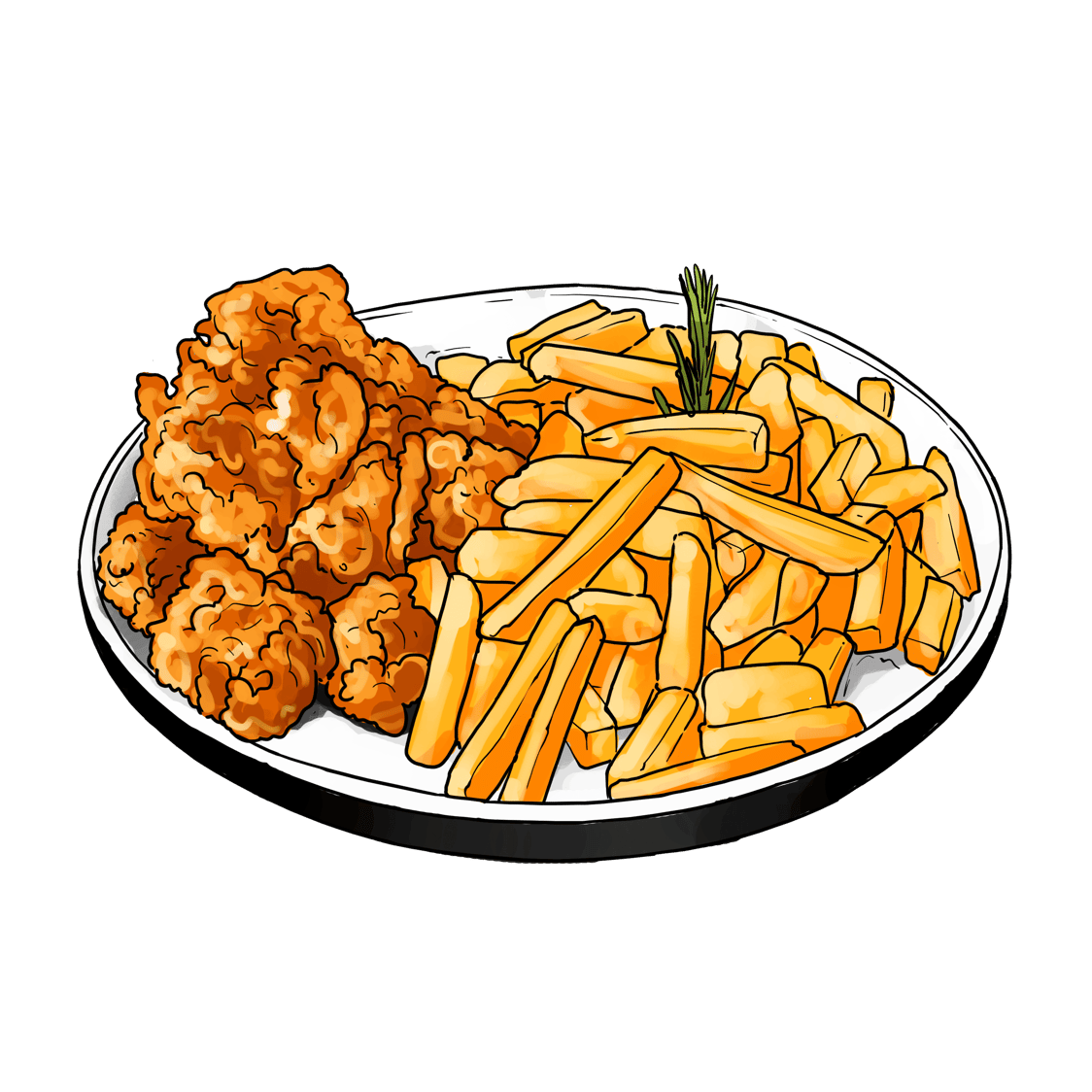 Plate of fried chicken and fries with a garnish