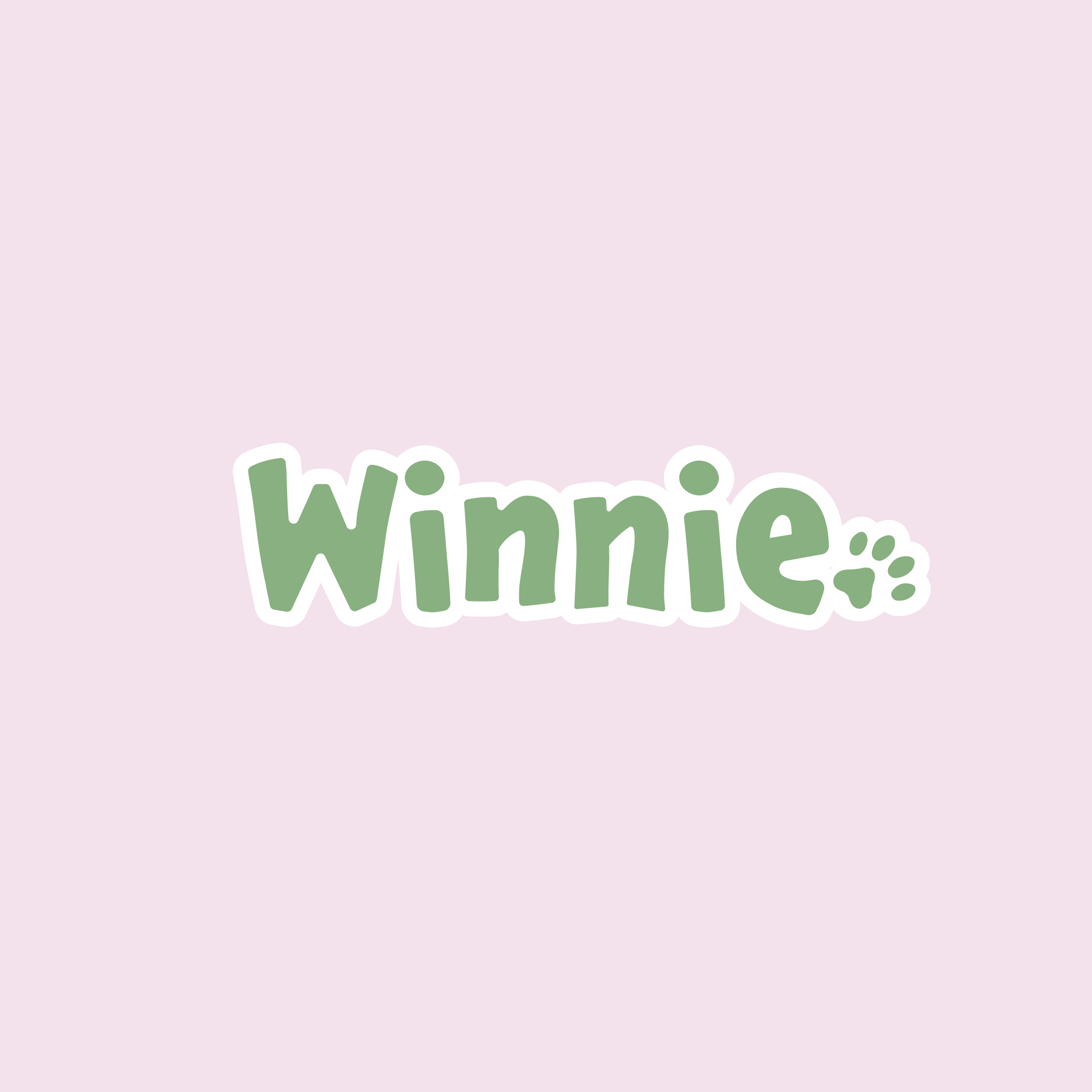 Text "Winnie" in green with a paw print, on a pink background.