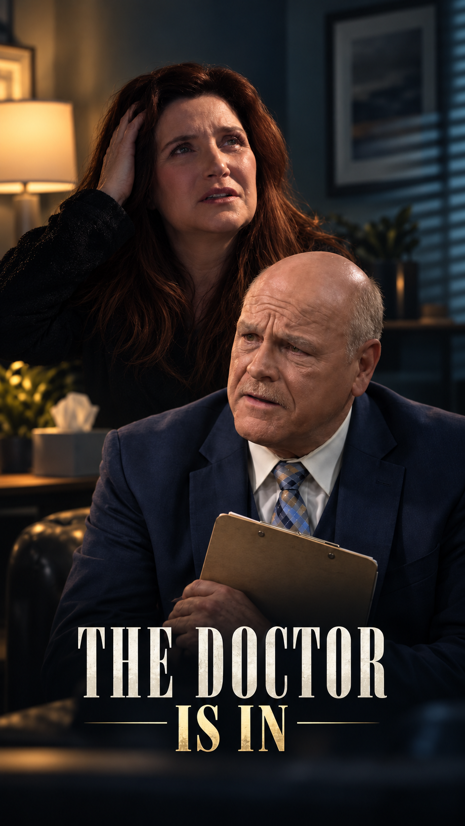 A woman looks distressed and confused, holding her head, while a man in a suit sits at a table with a clipboard, appearing concerned, in a dimly lit room with a lamp and framed pictures on the wall. The text 'The Doctor Is In' is written at the bottom.