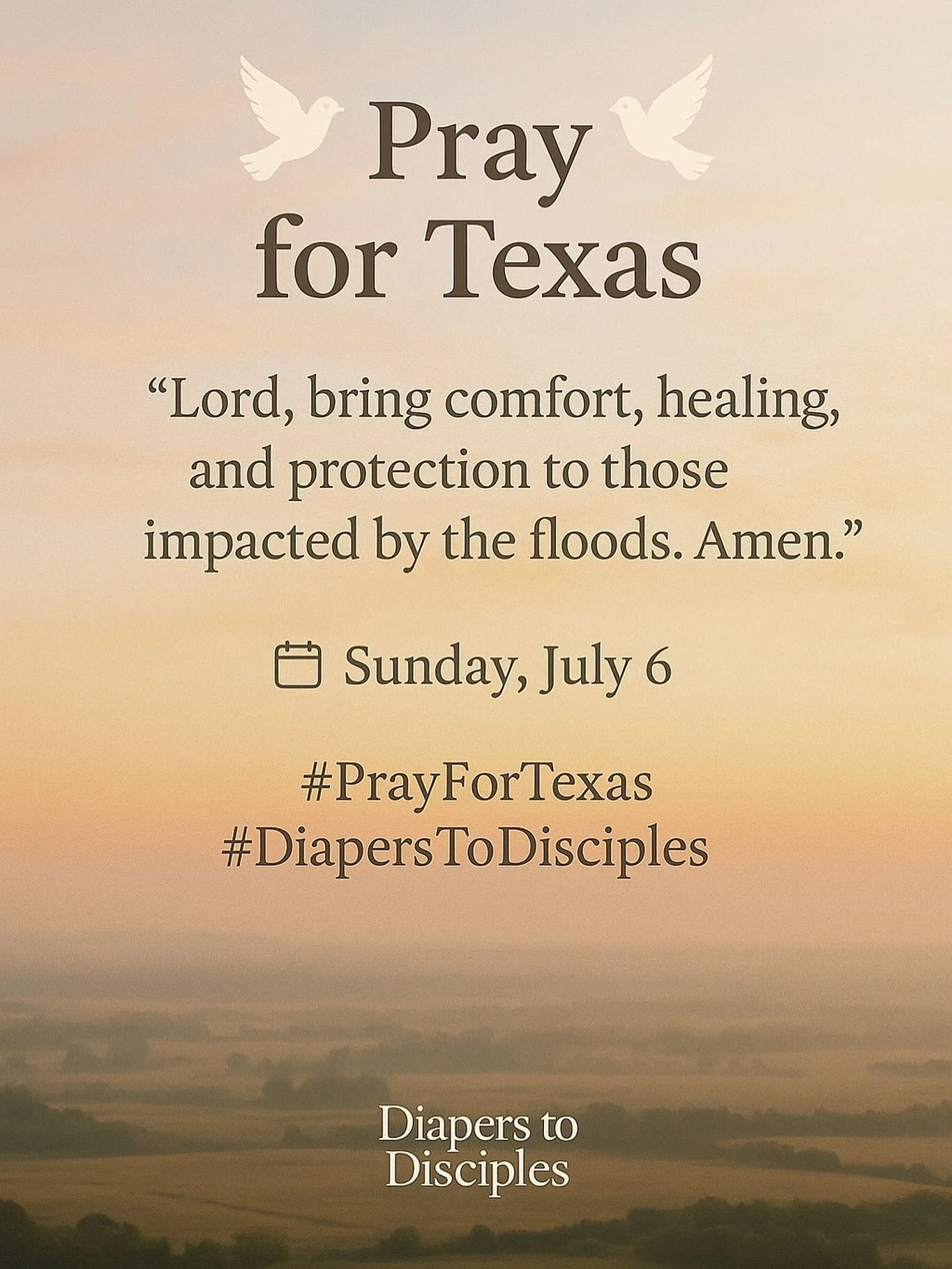 🕊 A Prayer for Texas in the Wake of Devastating Floods 🕊

Today (Sunday, July 6), Governor Abbott has declared a Day of Prayer for Texans impacted by the catastrophic floods that have swept through Central Texas and the Hill Country.

Let&rsquo;s j