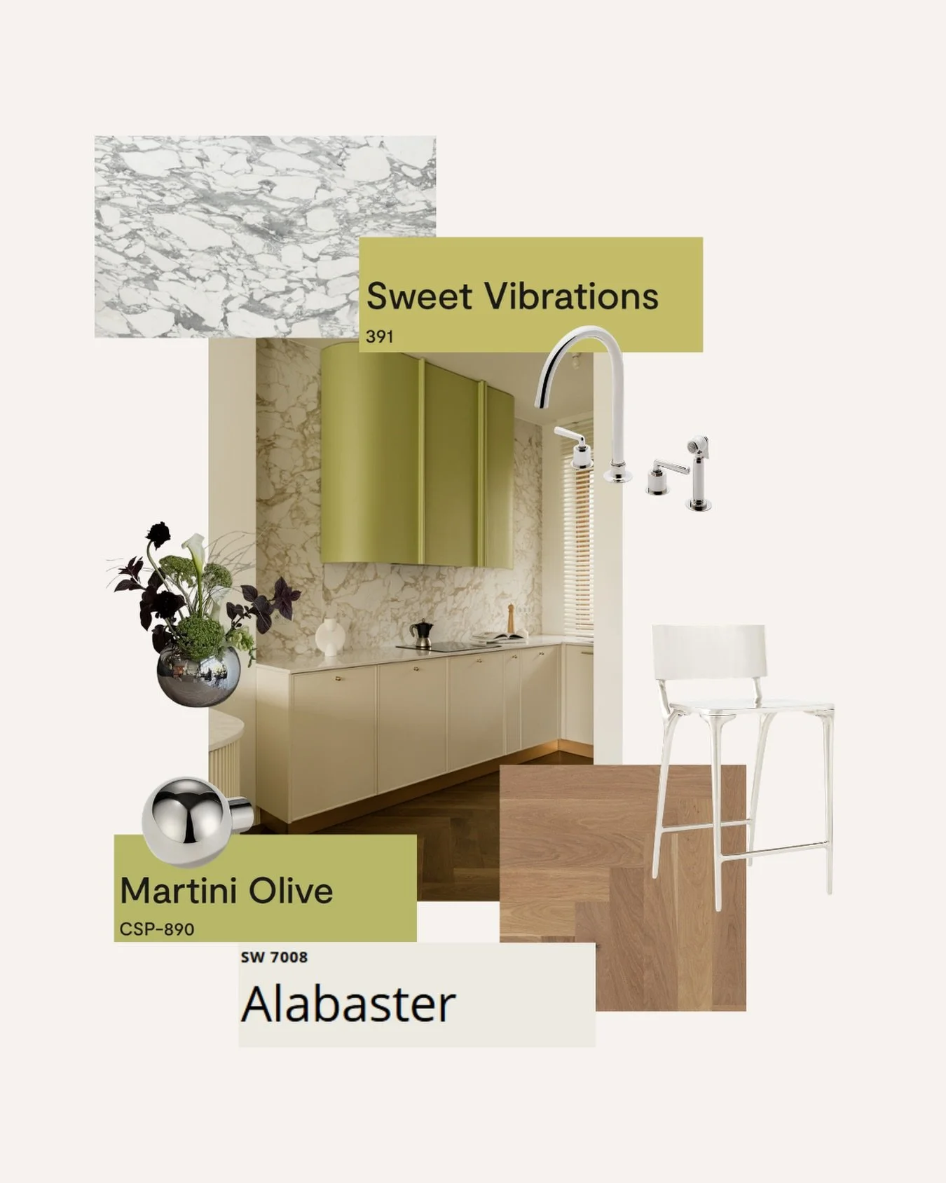 It&rsquo;s been a minute over here &mdash; busy behind the scenes bringing client projects to life 🤍

This palette felt like the perfect reintroduction!

A welcoming green layered with Alabaster, warm wood tones, marble movement, and polished chrome