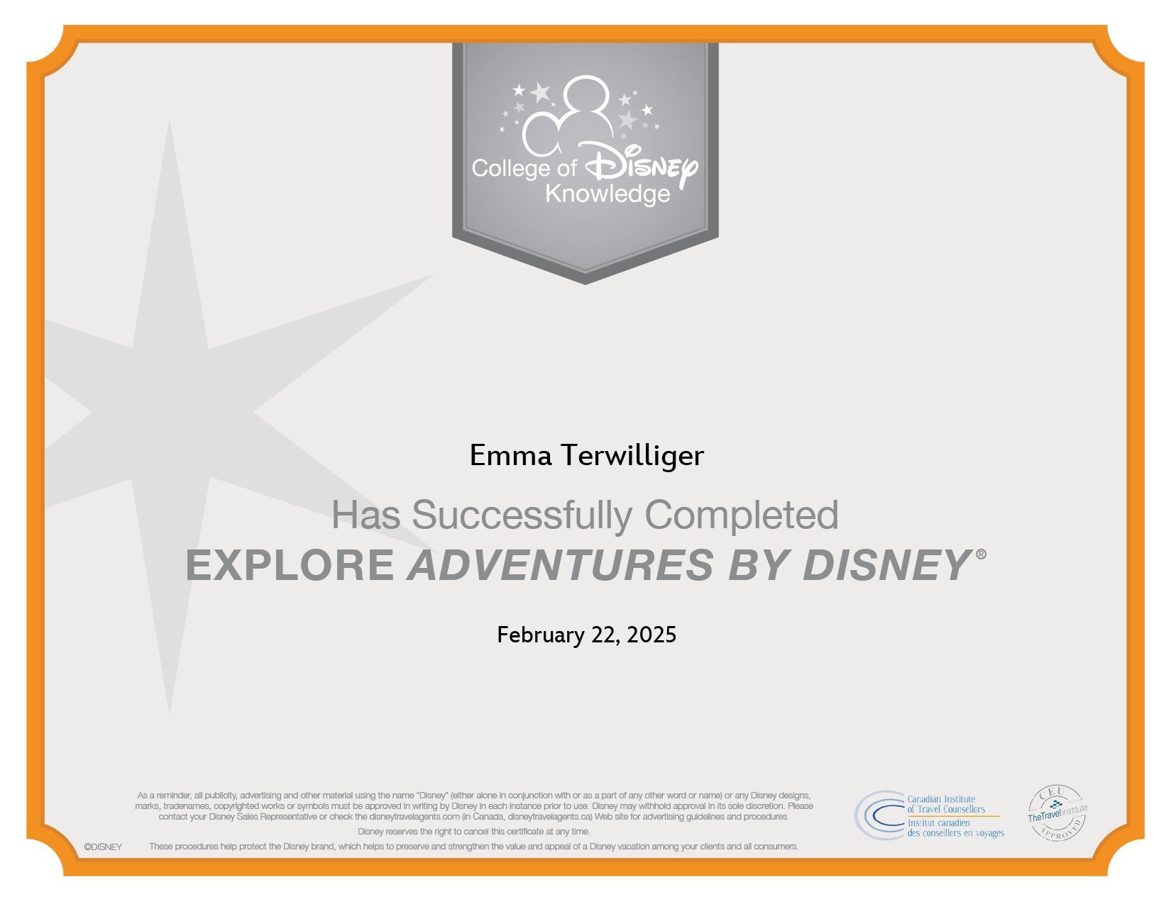 Certificate of achievement for Emma Terwiller for completing Explore Adventures by Disney on February 22, 2025, with Disney and travel institute logos.
