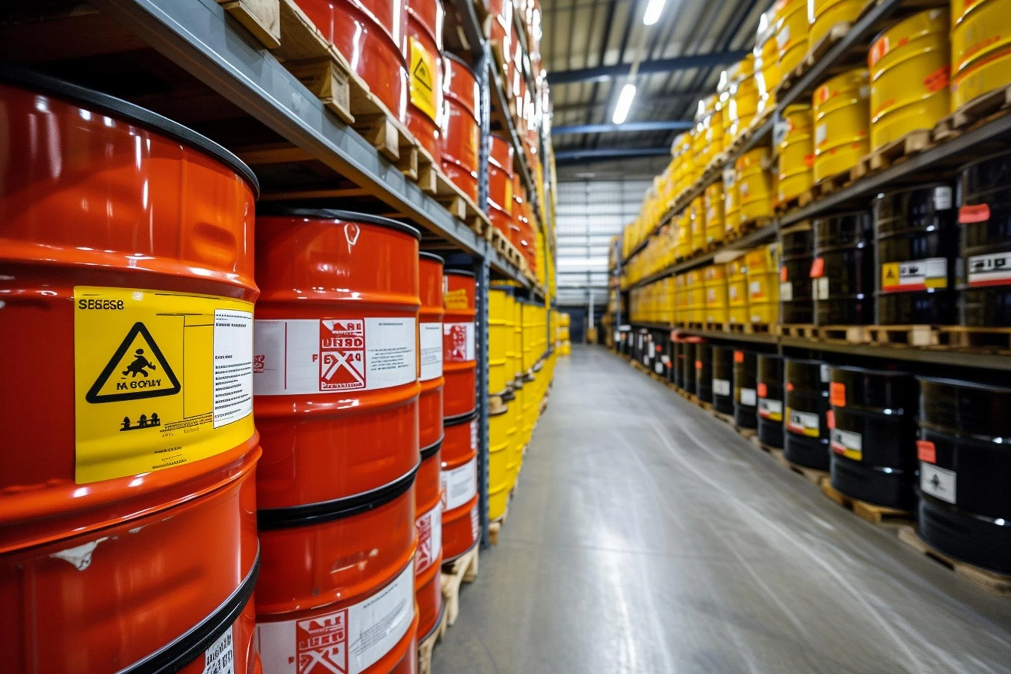 Estanterías en un almacén con barriles de diferentes colores y etiquetas de advertencia.