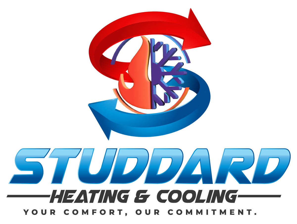 Logo for Studdard Heating & Cooling featuring a split snowflake and flame surrounded by red and blue arrows, with the company name and tagline.