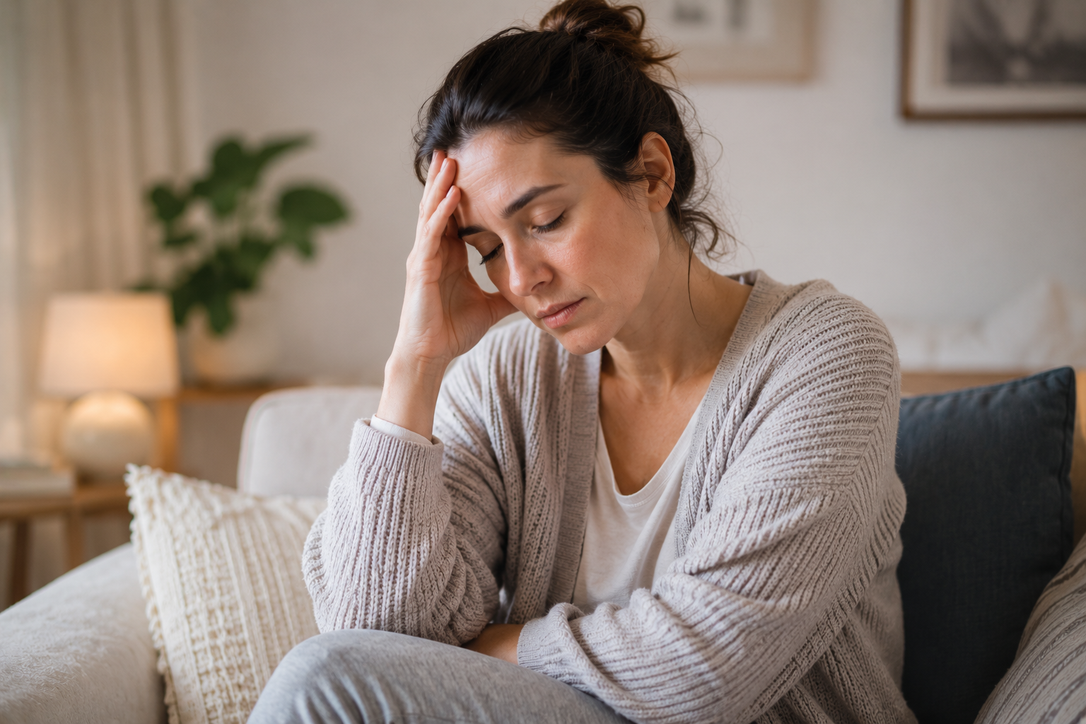 A woman sitting on a sofa holding her head with a worried or stressed expression.