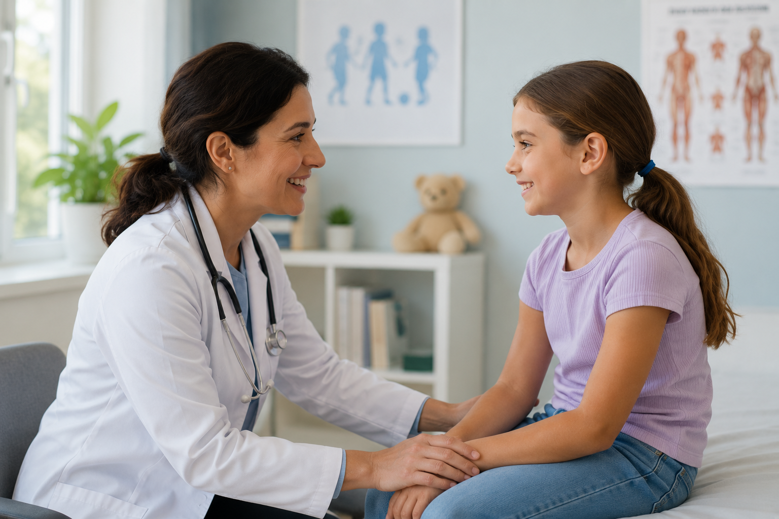 A female doctor smiling and holding the hands of a young girl in a medical examination room.