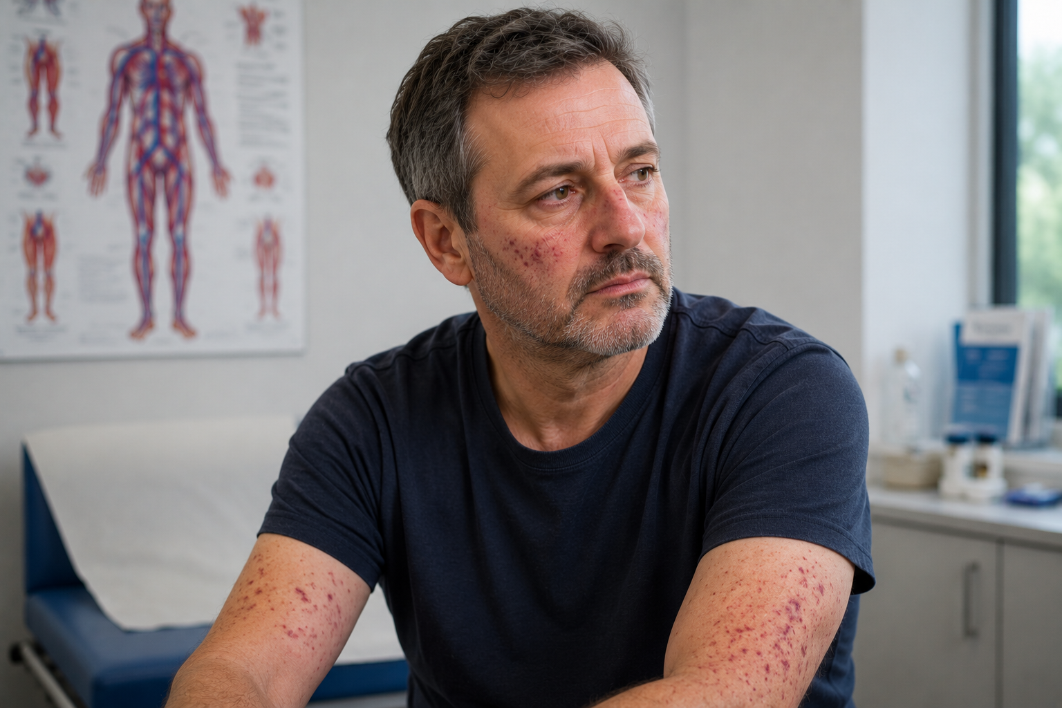 A middle-aged man with acne scars on his face and arms sitting in a doctor's office, looking to the side with a thoughtful expression, with a medical chart on anatomy on the wall in the background.