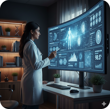 A female scientist or doctor in a white lab coat analyzing human body scan data on a large digital touchscreen in a modern office or lab with bookshelves and potted plants.