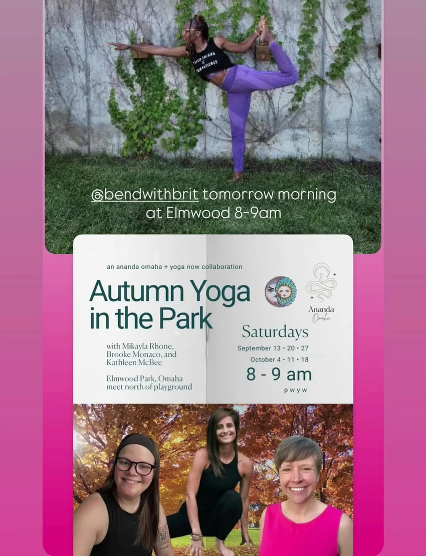the @doyoganow X @ananda.omaha collab class tomorrow at Elmwood Park is being taught by Brittany Jones - aka @bendwithbrit 

8am - North of the Playground - Pay What You Want/Can 
&amp; immediately after class &mdash; she&rsquo;s at Ananda Omaha for 
